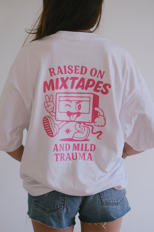 Oversized T-Shirt "RAISED ON MIXTAPES AND MILD TRAUMA"